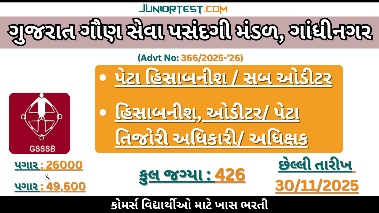 GSSSB "હિસાબનીશ, ઓડીટર/ પેટા તિજોરી અધિકારી/ અધિક્ષક" ની ભરતી 2025